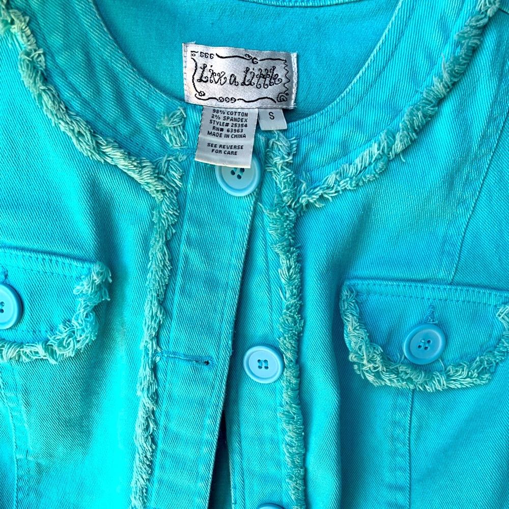 Distressed Fringe Cotton Jacket S Turquoise Vintage Denim Frayed Cotton Stretch